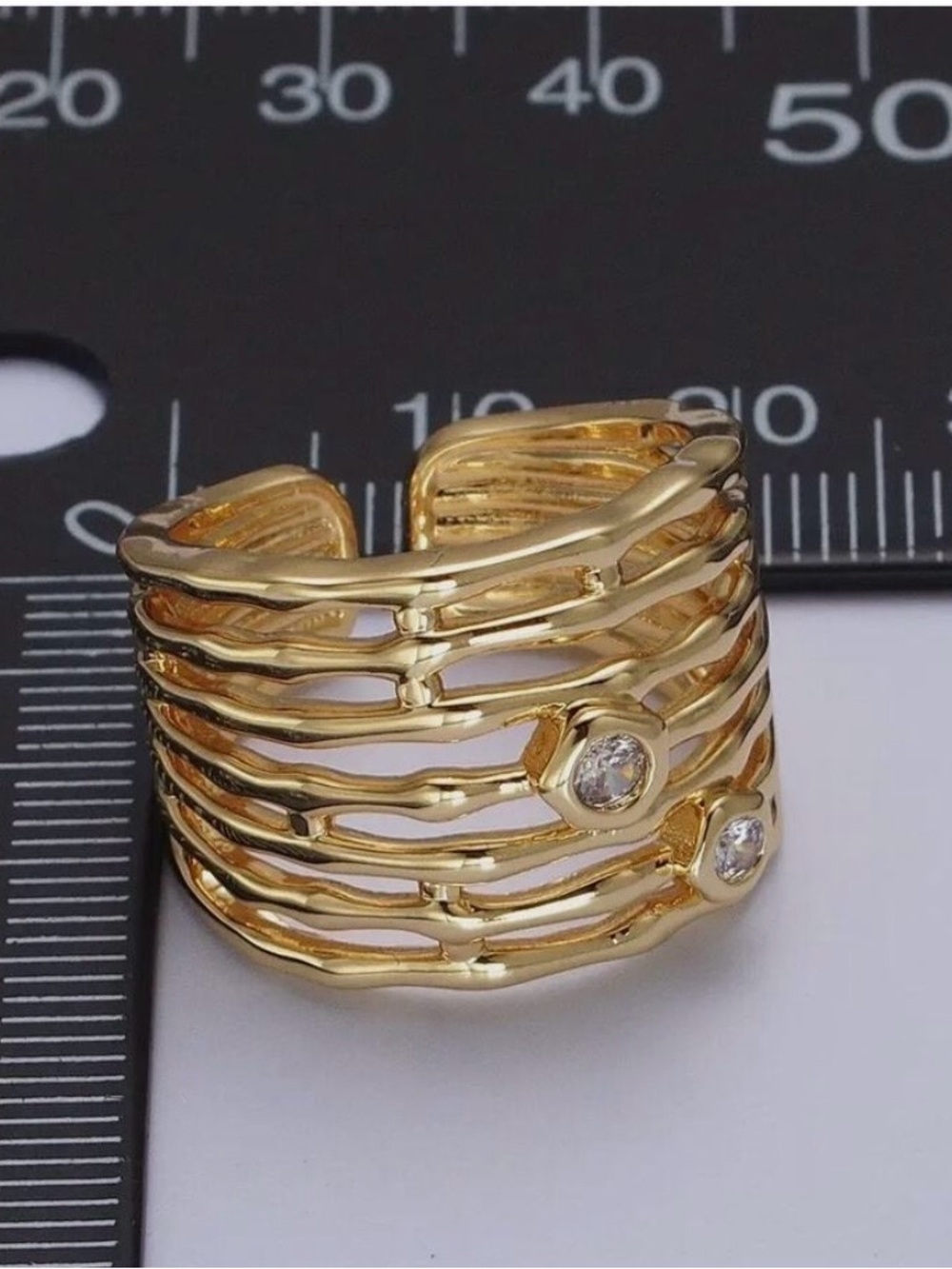 14K Gold Plated Wide Multiple Bamboo Geometric CZ Band Statement Ring Adjustable - Picture 4 of 5